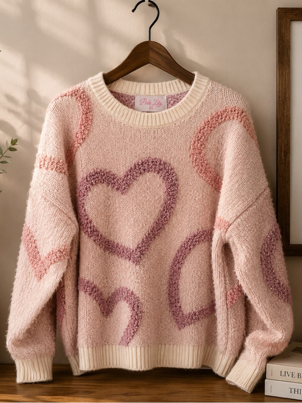 Pink Lily Pink Heart Crewneck Sweater
